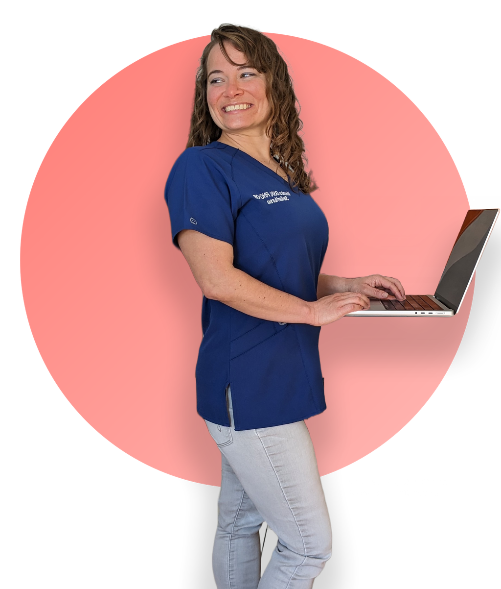 Our founder, Veronica, RN, working on her laptop