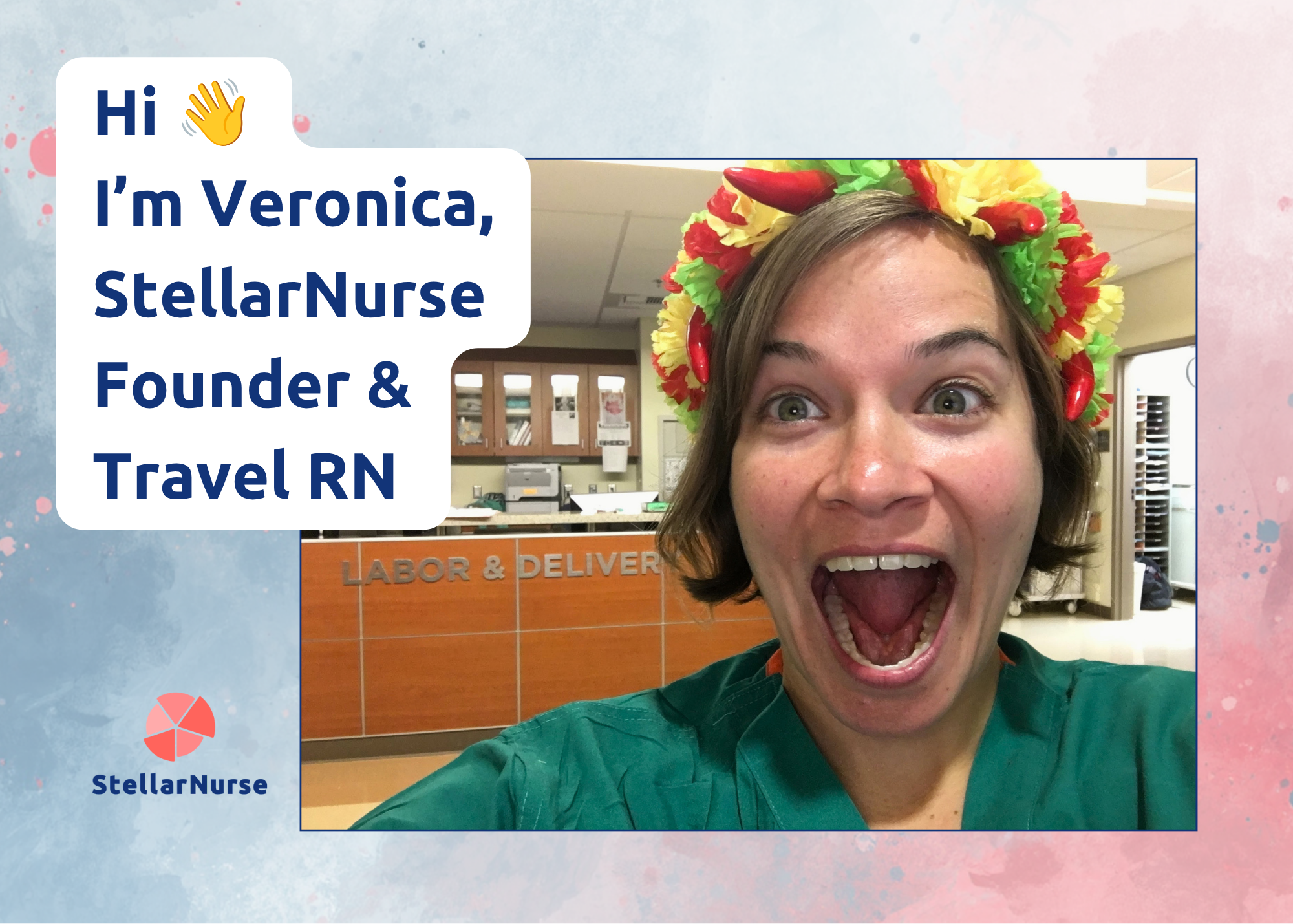Excited nurse in scrubs and a colorful chili pepper headband at a labor and delivery unit