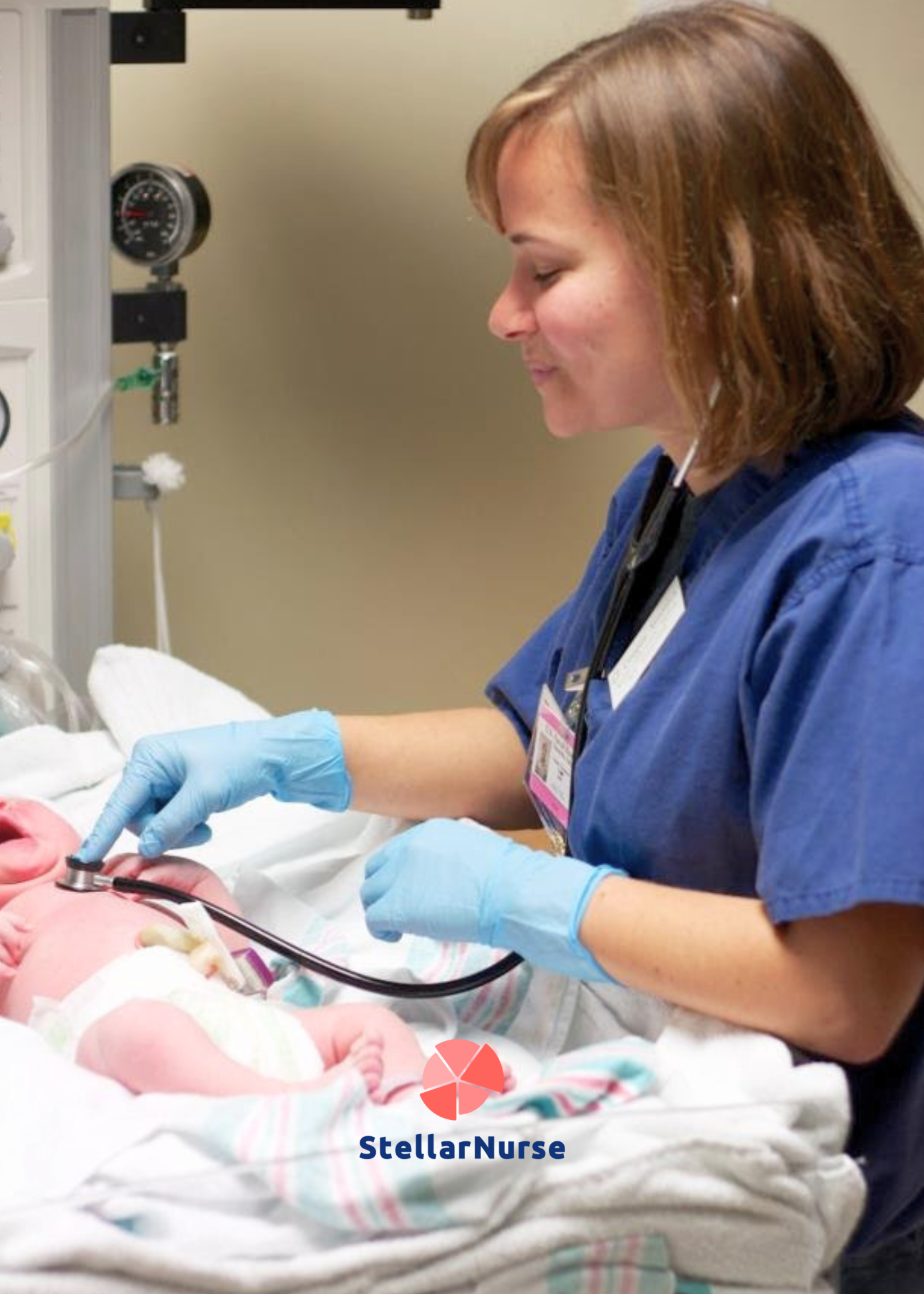 StellarNurse founder, Veronica, wearing blue scrubs and gloves, works as a nurse examining a crying newborn baby with a stethoscope