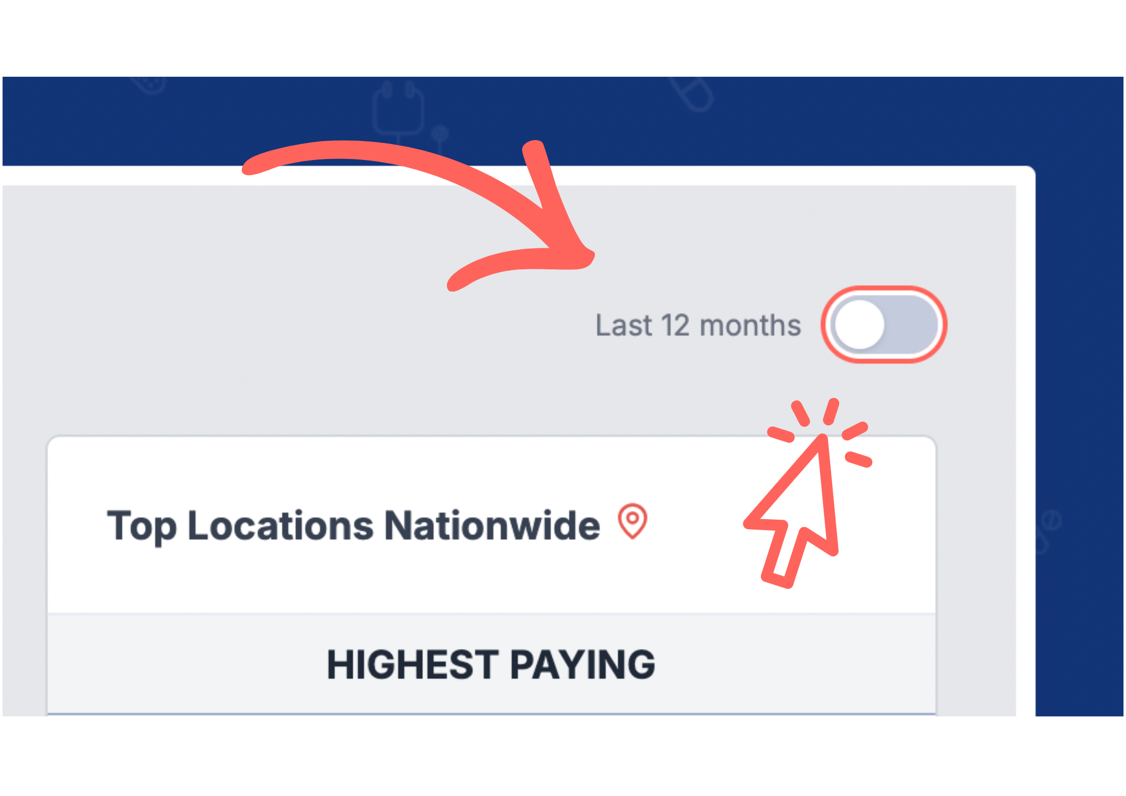 Travel nurse salary trends from now back to 2019, toggle right to move between insights 'last 12 months' and 'since 2019'.