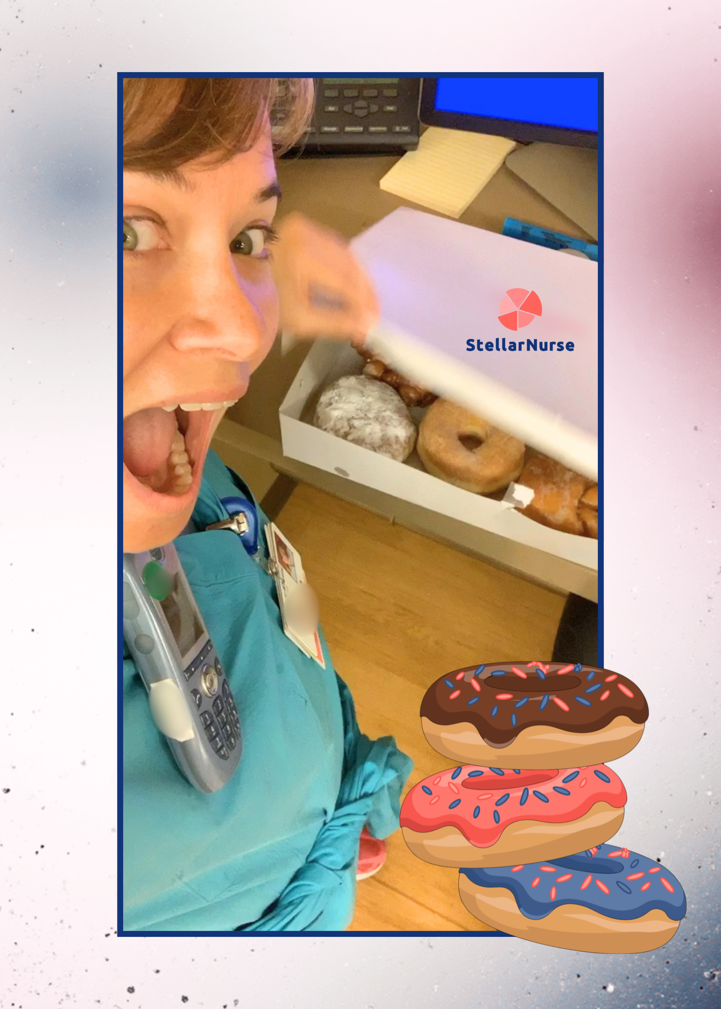 Travel nurse grinning wide-mouthed beside an open box of donuts, with cartoon donuts added