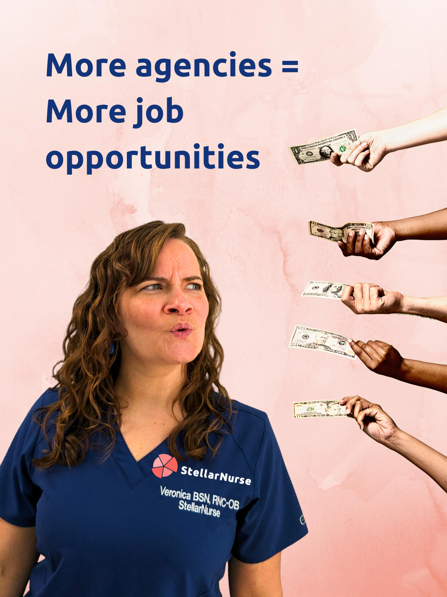 Travel nurse weighing her options while hands hold out bills, more agencies more offers