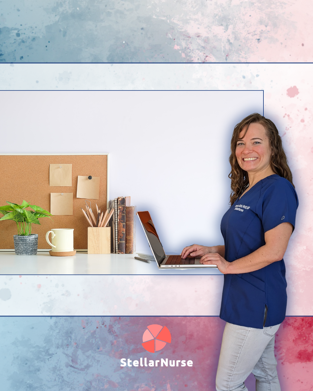 Happy nurse working on a laptop next to a tidy desk scene with sticky notes, books, and a mug