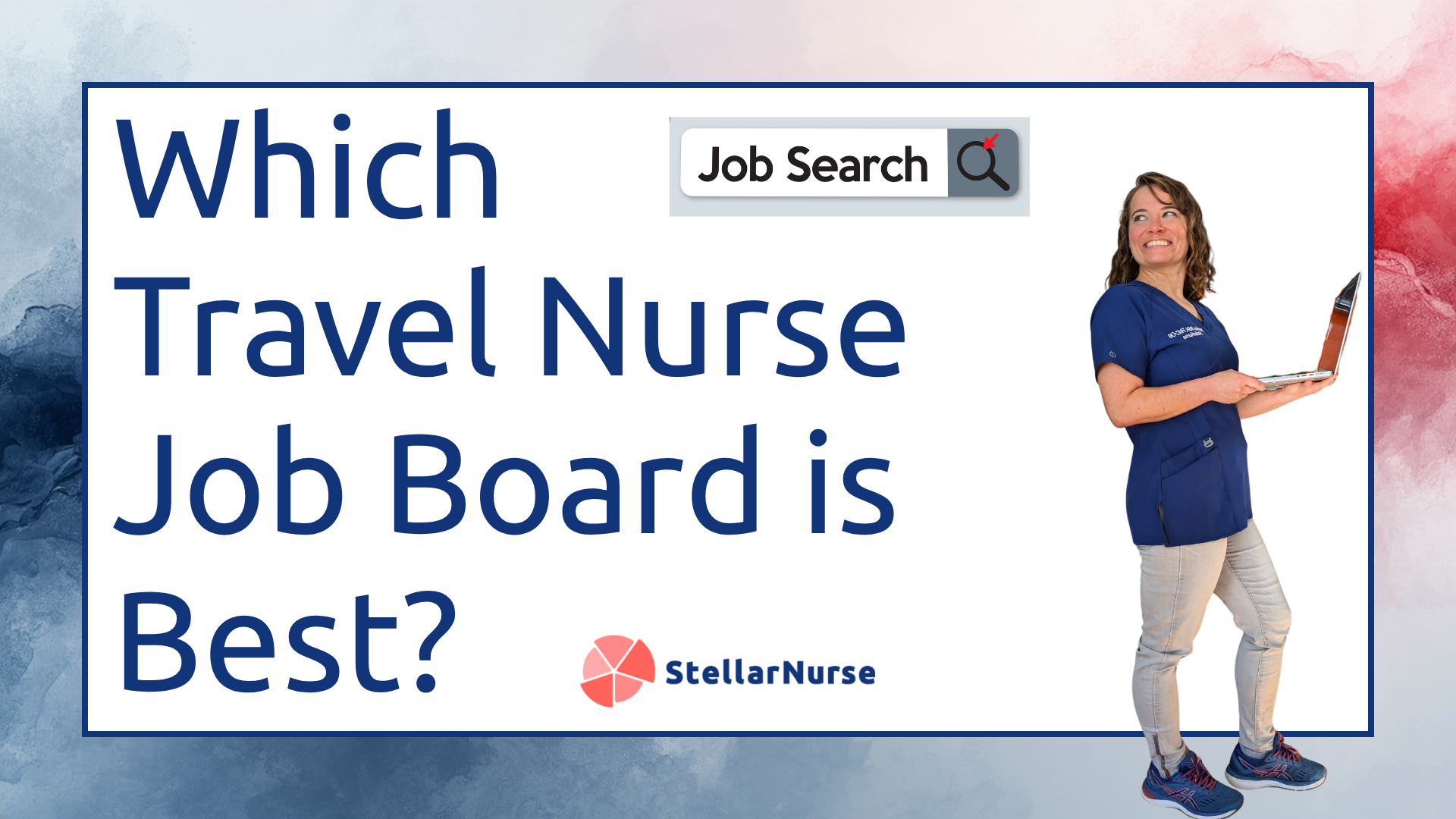 Travel nurse comparing job boards on her laptop, search bar floating above.