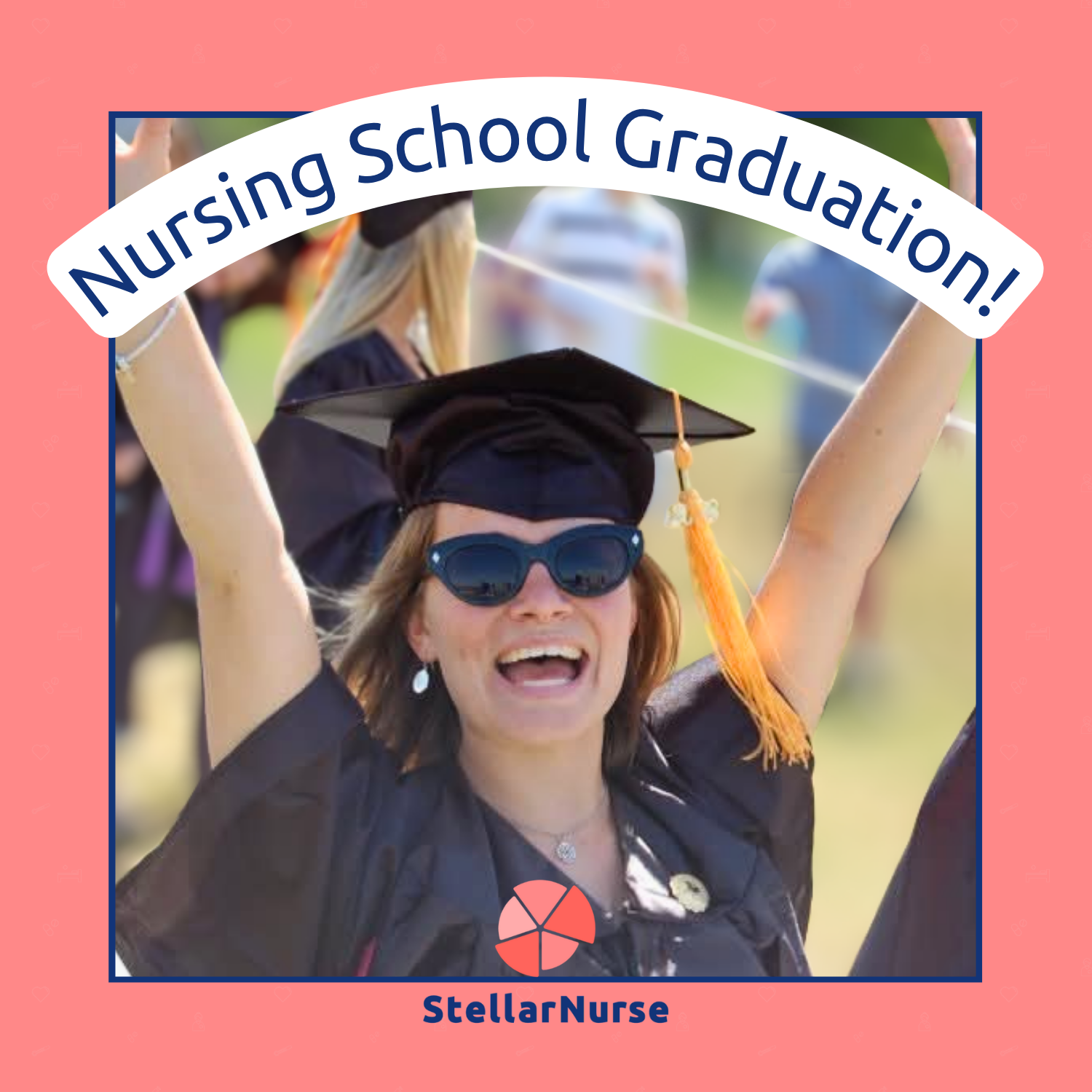Nurse celebrating graduation with arms raised, wearing cap and gown and sunglasses