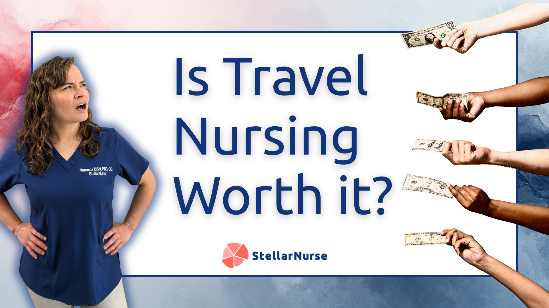 Travel nurse eyeing a row of outstretched hands full of cash with visible doubt.
