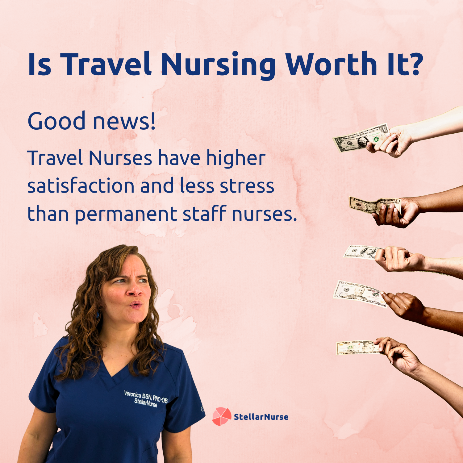 Illustration of multiple hands offering money to a thoughtful nurse, highlighted by phrase 'is travel nursing worth it?'