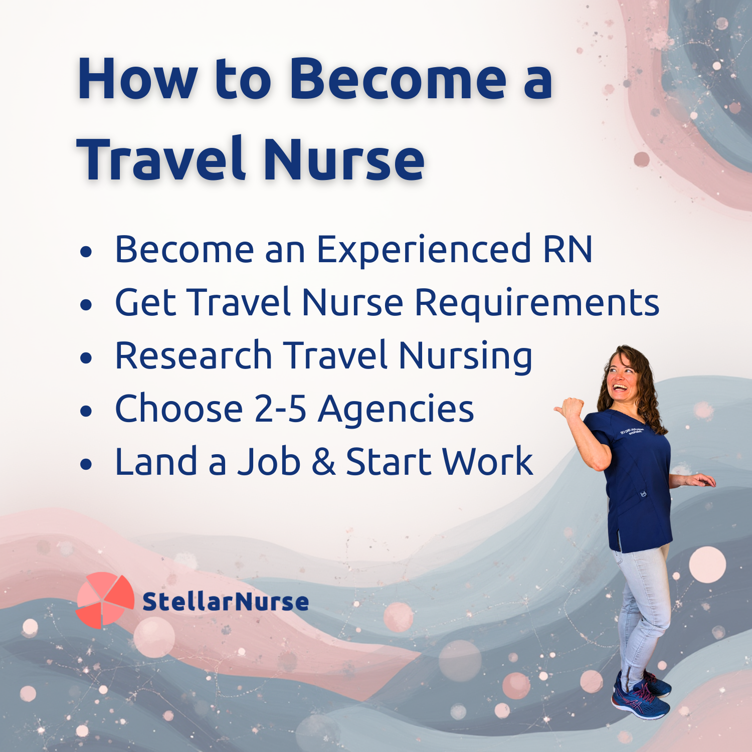 Educational image titled how to become a travel nurse featuring step list and a cheerful nurse standing in blue scrubs.